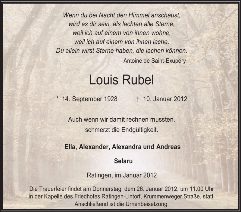  Traueranzeige für Louis Rubel vom 21.01.2012 aus Tageszeitung