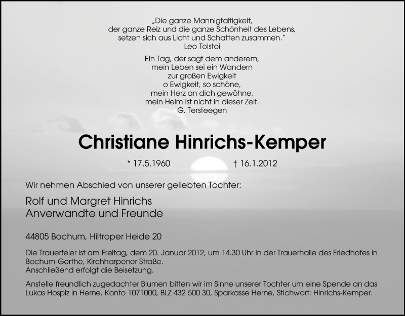  Traueranzeige für Christiane Hinrichs-Kemper vom 18.01.2012 aus Tageszeitung
