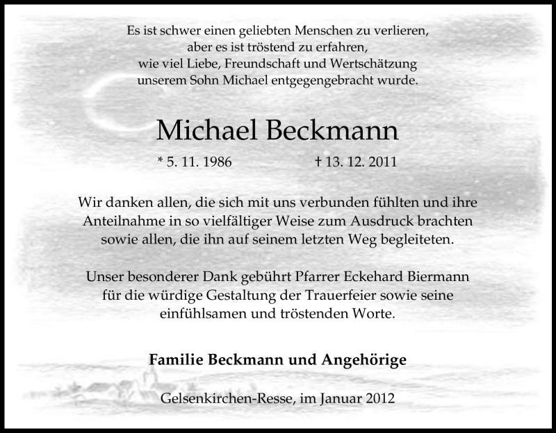  Traueranzeige für Michael Beckmann vom 14.01.2012 aus Tageszeitung