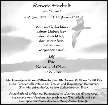 Traueranzeige von Renate Horbelt von Tageszeitung