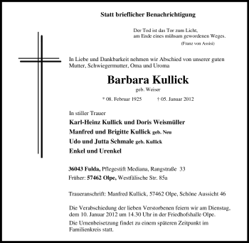Traueranzeige von Barbara Kullick von Tageszeitung