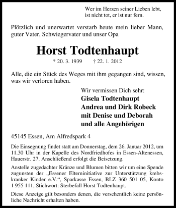 Traueranzeige von Horst Todtenhaupt von Tageszeitung