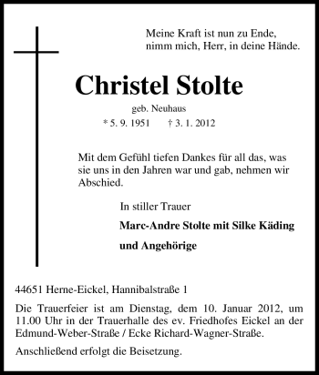 Traueranzeige von Christel Stolte von Tageszeitung
