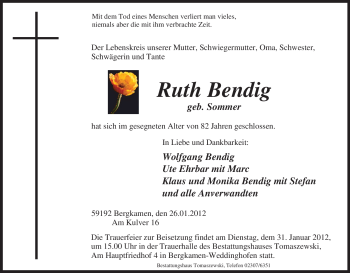 Traueranzeige von Ruth Bendig von Tageszeitung