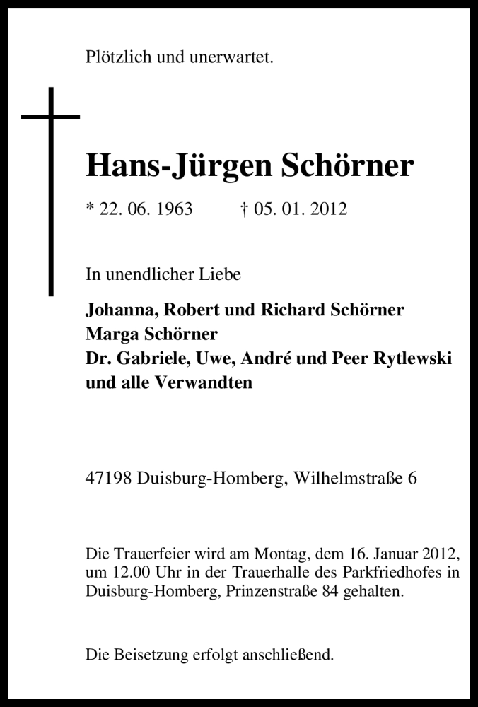  Traueranzeige für Hans-Jürgen Schörner vom 12.01.2012 aus Tageszeitung
