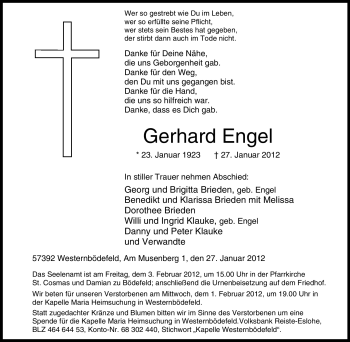Traueranzeige von Gerhard Engel von Tageszeitung