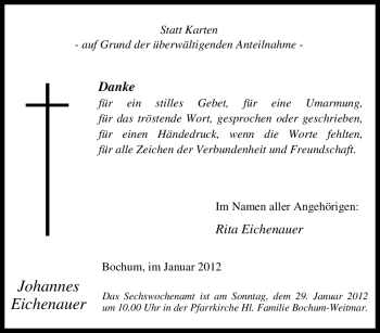 Traueranzeige von Johannes Eichenauer von Tageszeitung