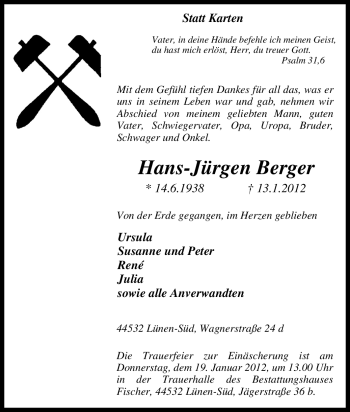 Traueranzeige von Hans-Jürgen Berger von Tageszeitung