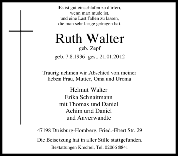 Traueranzeige von Ruth Walter von Tageszeitung