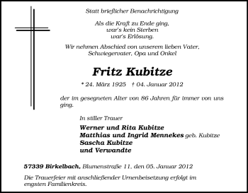 Traueranzeige von Fritz Kubitze von Tageszeitung