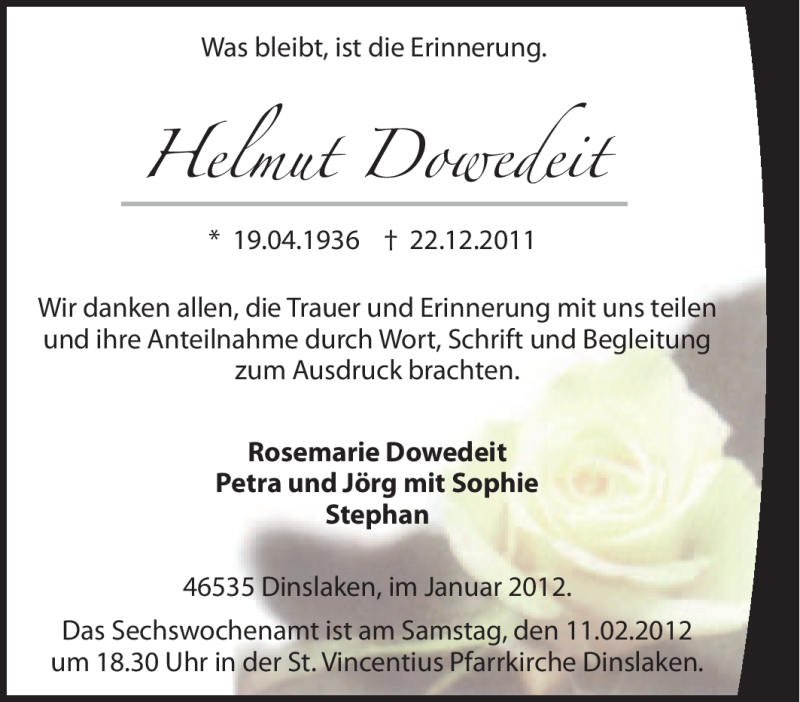  Traueranzeige für Helmut Dowedeit vom 21.01.2012 aus Tageszeitung