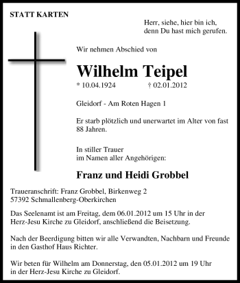 Traueranzeige von Wilhelm Teipel von Tageszeitung