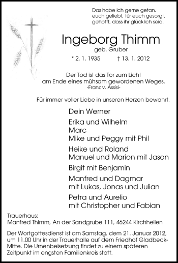 Traueranzeige von Ingeborg Thimm von Tageszeitung