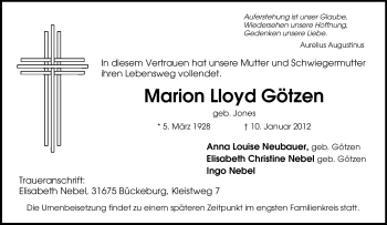 Traueranzeige von Marion Lloyd Götzen von Tageszeitung