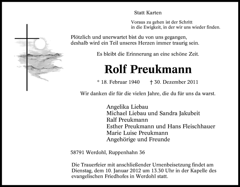  Traueranzeige für Rolf Preukmann vom 05.01.2012 aus Tageszeitung