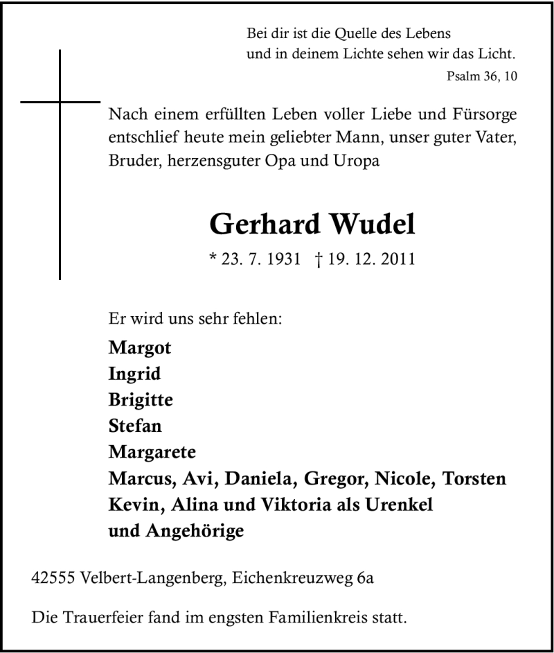 Traueranzeigen von Gerhard Wudel | Trauer-in-NRW.de