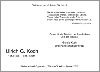 Traueranzeige von Ulrich G. Koch von Tageszeitung