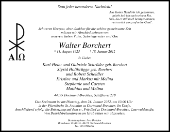 Traueranzeige von Walter Borchert von Tageszeitung