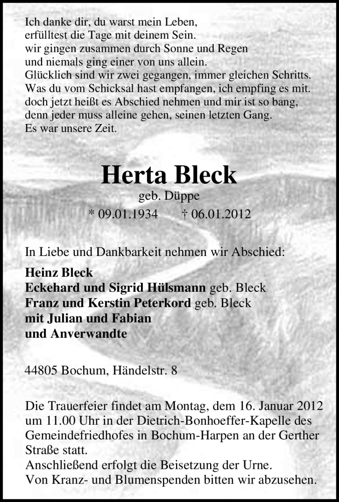  Traueranzeige für Herta Bleck vom 12.01.2012 aus Tageszeitung