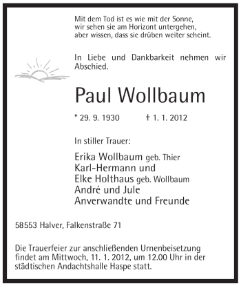 Traueranzeige von Paul Wollbaum von Tageszeitung