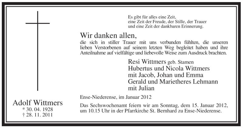  Traueranzeige für Adolf Wittmers vom 10.01.2012 aus Tageszeitung