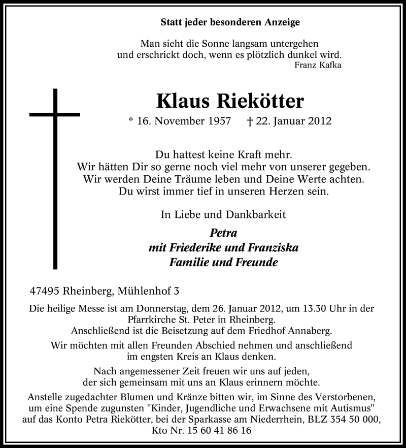  Traueranzeige für Klaus Riekötter vom 24.01.2012 aus Tageszeitung
