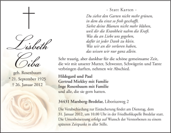 Traueranzeige von Lisbeth Ciba von Tageszeitung