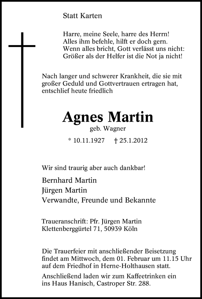  Traueranzeige für Agnes Martin vom 28.01.2012 aus Tageszeitung