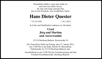 Traueranzeige von Hans Dieter Quester von Tageszeitung