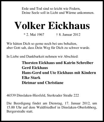 Traueranzeige von Volker Eickhaus von Tageszeitung