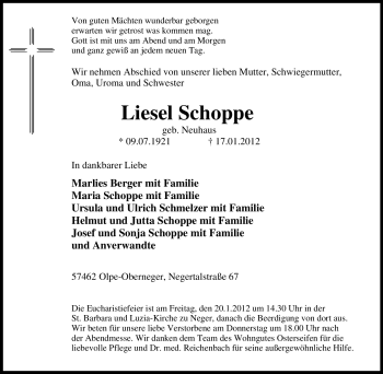 Traueranzeige von Liesel Schoppe von Tageszeitung