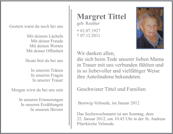 Traueranzeige von Margret Tittel von Tageszeitung