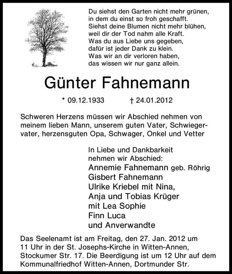  Traueranzeige für Günter Fahnemann vom 25.01.2012 aus Tageszeitung