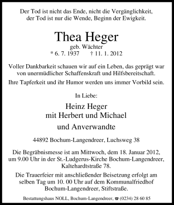 Traueranzeige von Thea Heger von Tageszeitung