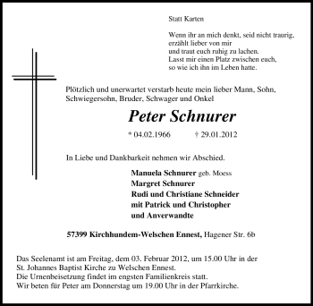 Traueranzeige von Peter Schnurer von Tageszeitung