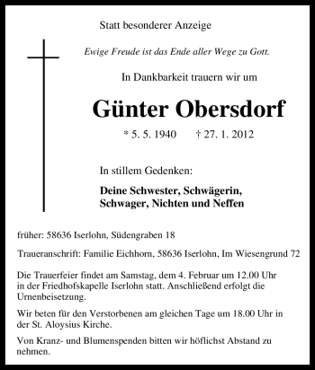 Traueranzeige von Günter Obersdorf von Tageszeitung