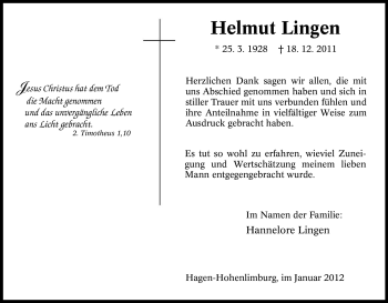 Traueranzeige von Helmut Lingen von Tageszeitung