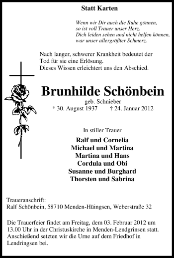 Traueranzeige von Brunhilde Schönbein von Tageszeitung