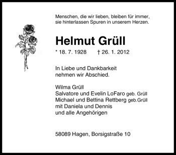 Traueranzeige von Helmut Grüll von Tageszeitung