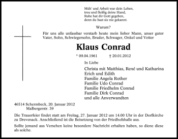 Traueranzeige von Klaus Conrad von Tageszeitung