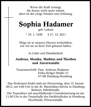 Traueranzeige von Sophia Hadamer von Tageszeitung