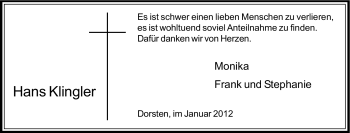 Traueranzeige von Hans Klingler von Tageszeitung