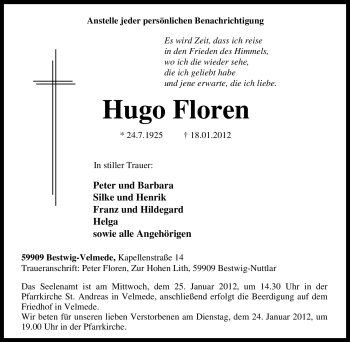 Traueranzeige von Hugo Floren von Tageszeitung