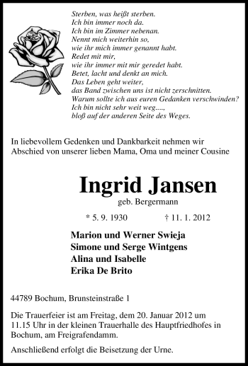 Traueranzeige von Ingrid Jansen von Tageszeitung