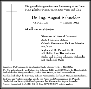 Traueranzeige von August Schneider von Tageszeitung