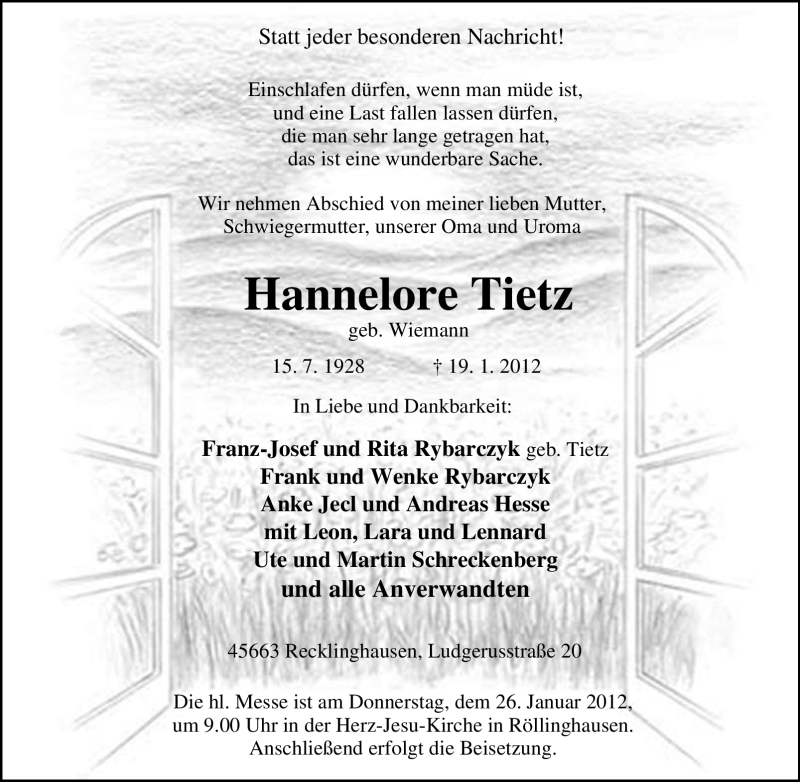  Traueranzeige für Hannelore Tietz vom 21.01.2012 aus Tageszeitung