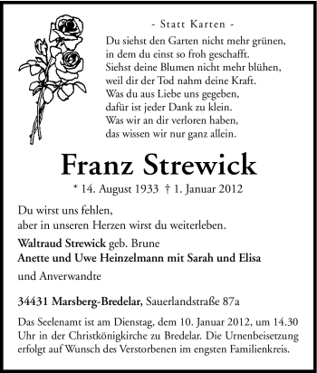 Traueranzeige von Franz Strewick von Tageszeitung