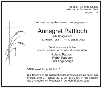 Traueranzeige von Annegret Pattloch von Tageszeitung