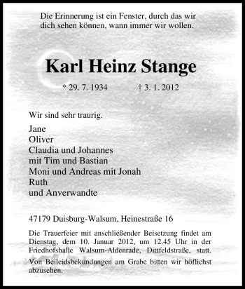 Traueranzeige von Karl Heinz Stange von Tageszeitung