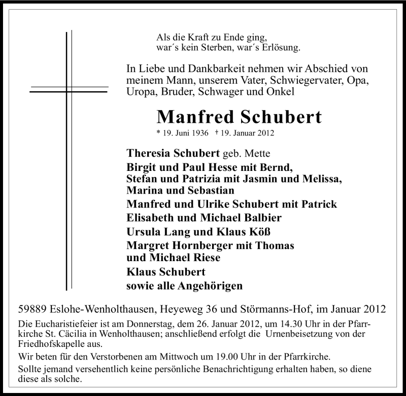  Traueranzeige für Manfred Schubert vom 21.01.2012 aus Tageszeitung
